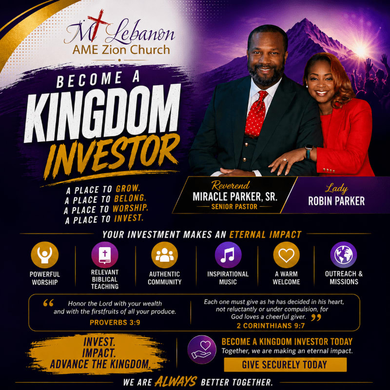 A smiling couple stands in the foreground against a dark background with church branding and text about becoming a kingdom investor.