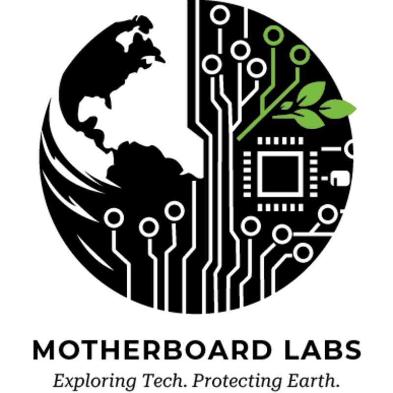 A circular logo features a stylized globe on the left and a circuit board with a green sprout on the right, with the text "MOTHERBOARD LABS" and "Exploring Tech. Protecting Earth." below.