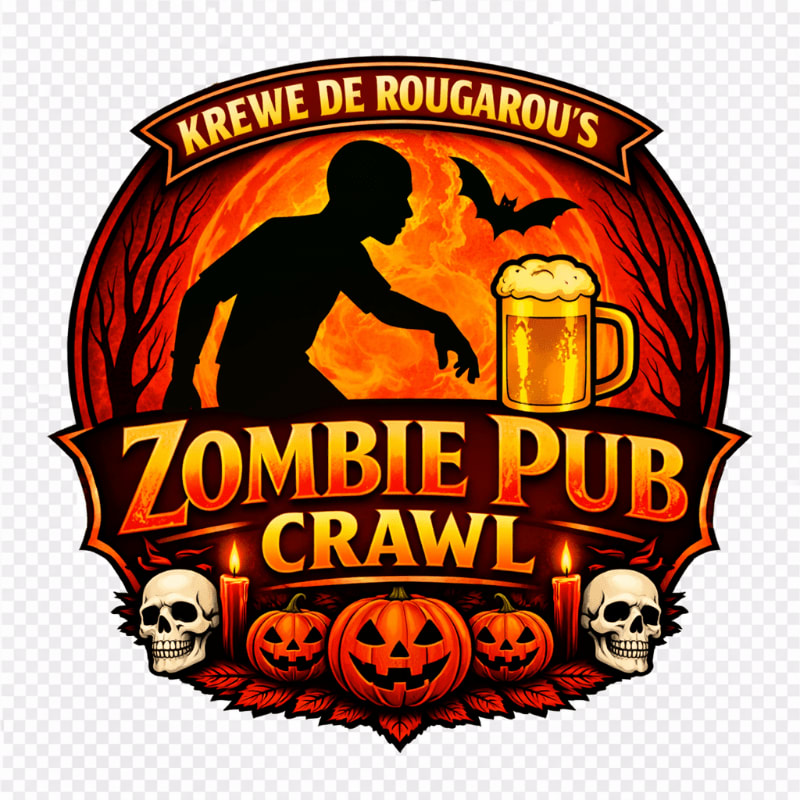A silhouette of a zombie-like figure reaches towards a mug of beer in the foreground, with pumpkins, skulls, and candles below, all set against a fiery, bat-filled background under the "Krewe de Rougarou's Zombie Pub Crawl" banner.