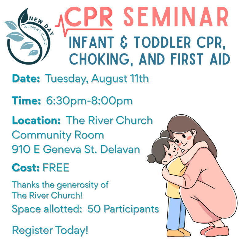 A CPR seminar flyer with event details on the left and an illustration of a woman hugging a child on the right.