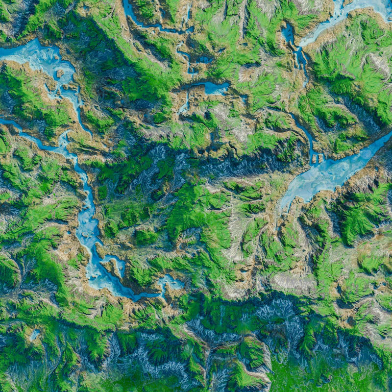 A vibrant green, mountainous terrain with winding blue rivers flows through the landscape.