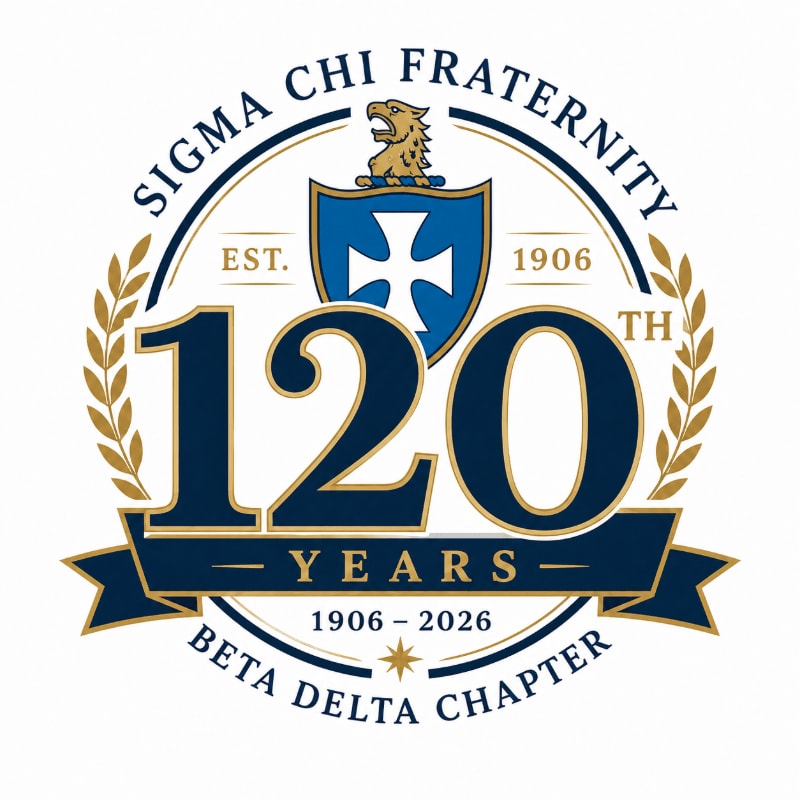 A circular emblem with a shield and lion at the top, featuring the number "120" prominently in the foreground, is surrounded by laurel branches and a banner indicating "120 Years 1906 - 2026 Beta Delta Chapter" in the background.