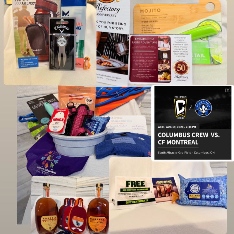 In the foreground, bottles of liquor and ping pong paddles sit on a table, while the background displays a collage of gift items and a soccer match advertisement.