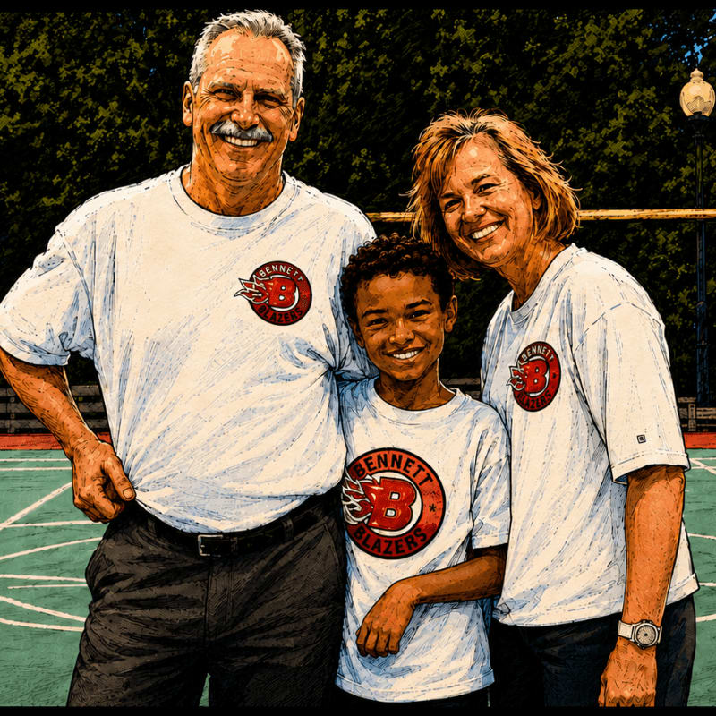 A smiling man, woman, and boy in matching "Bennett Blazers" t-shirts stand on a green court with a blurred background of trees and a light pole.