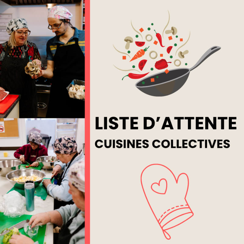 In the foreground, a graphic displays a wok with flying vegetables and a red oven mitt, while the background features two collages of people cooking in a kitchen.