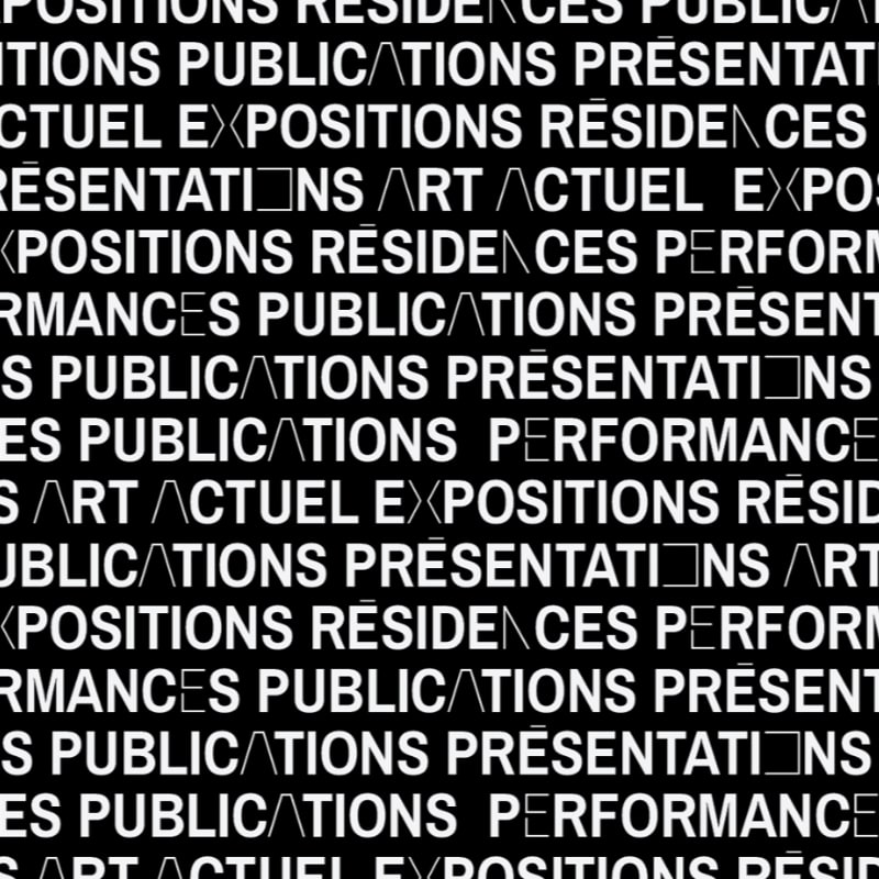 White text with words like "EXPOSITIONS," "PUBLICATIONS," and "PERFORMANCE" repeats in a pattern against a black background.