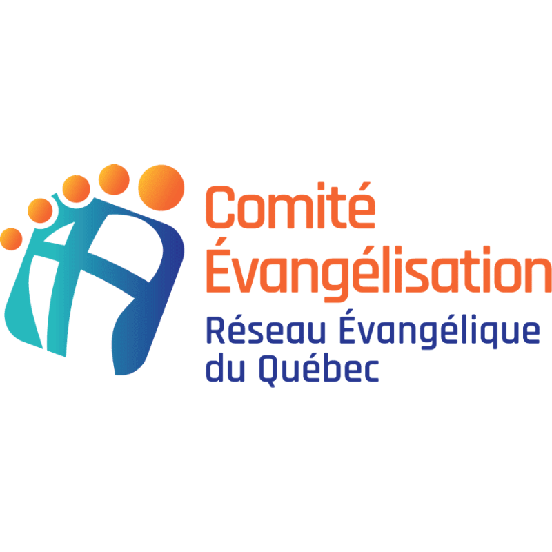 A stylized footprint logo with orange circles is on the left, with the text "Comité Évangélisation Réseau Évangélique du Québec" in orange and blue on the right, all against a white background.