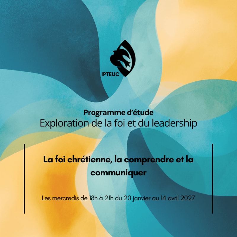 A program of study titled "Exploration of Faith and Leadership" is presented on a textured background with abstract blue and yellow shapes, featuring the IPTUC logo at the top.