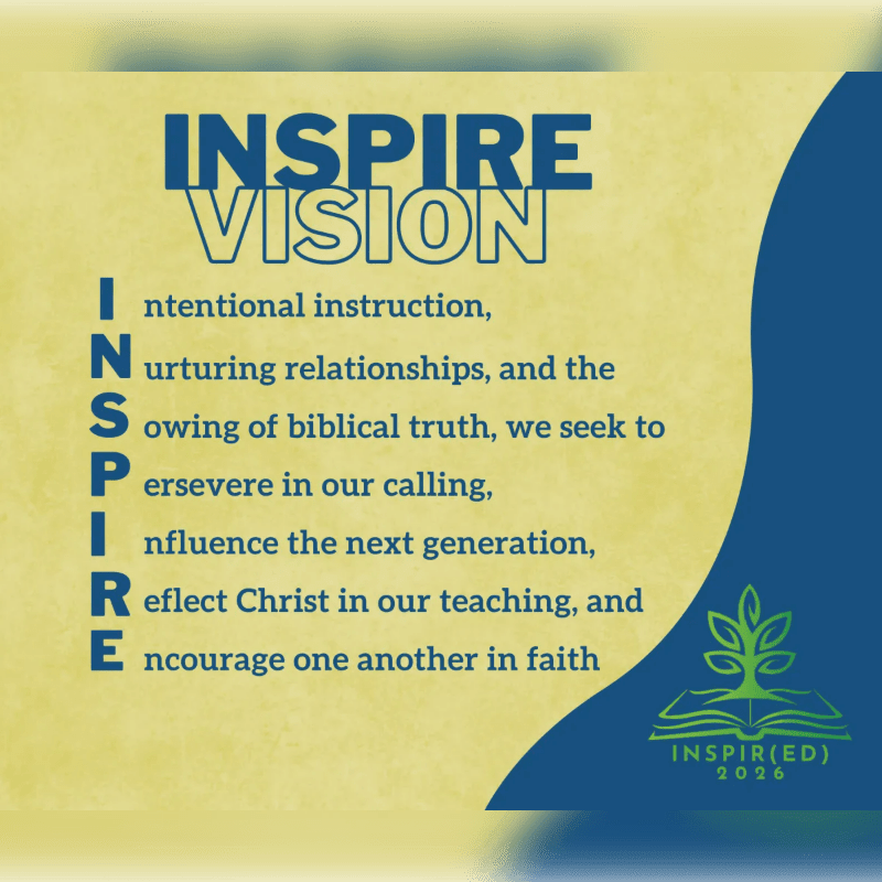 In the foreground, the word "INSPIRE VISION" is presented as an acronym with accompanying text, while the background features a blue wave design with a green tree logo.