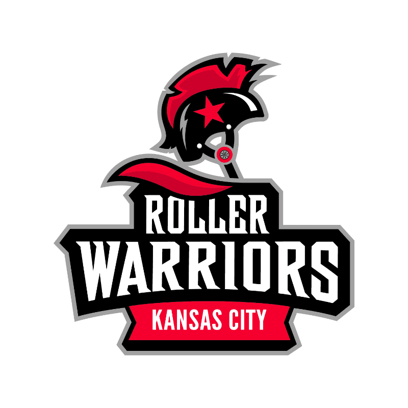 A black helmet with a red crest and a red star sits above the words "ROLLER WARRIORS KANSAS CITY" in bold white letters with a black outline, all on a white background.