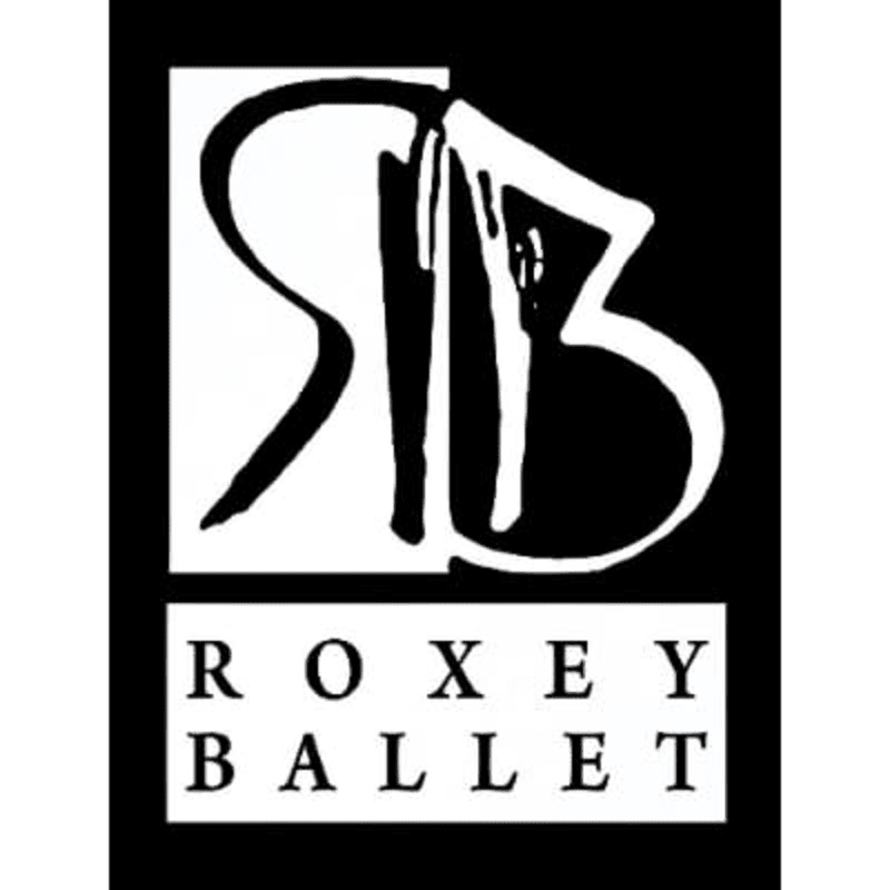 A stylized white "RB" logo with dripping paint is superimposed over a black background, with the words "ROXEY BALLET" in white block letters below it.