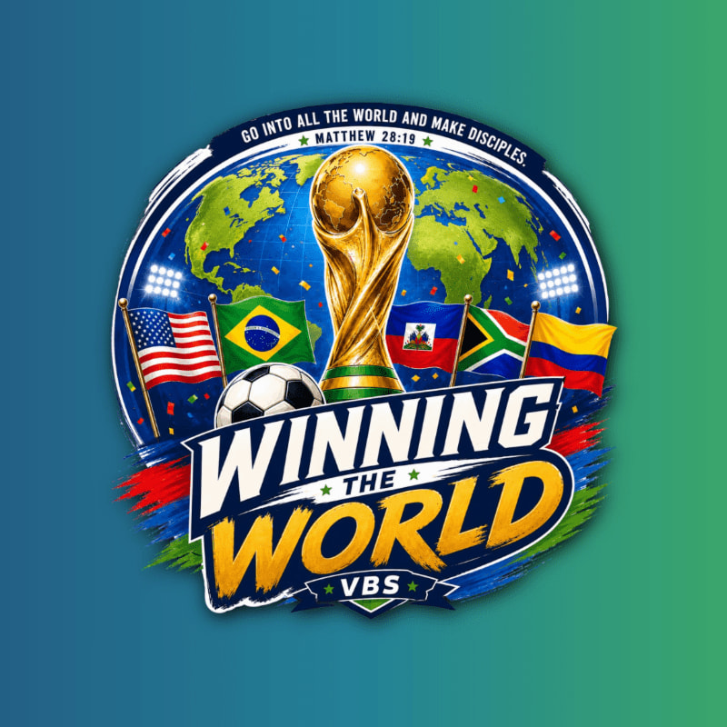 A golden trophy and soccer ball are in the foreground, surrounded by flags and a globe with the text "WINNING THE WORLD VBS" in the background.