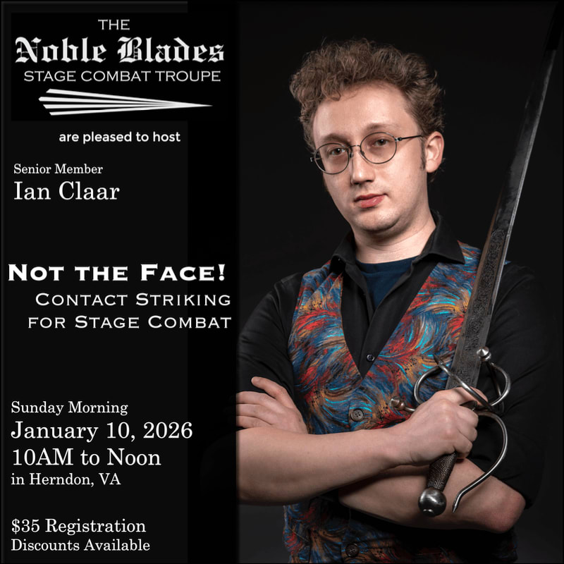 A man with glasses and a sword stands in front of a black background, with event details on the left.