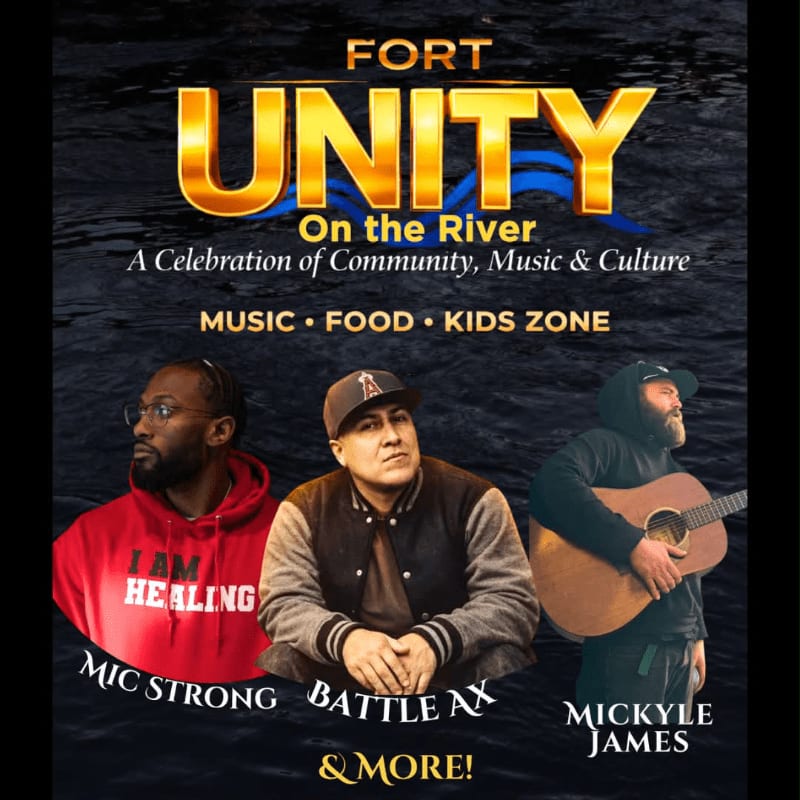 Three men are featured in the foreground against a dark, rippling water background with the "Fort Unity On the River" event title prominently displayed above.