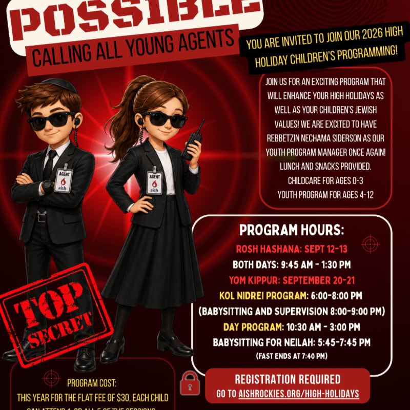 Two young agents in suits stand in the foreground against a background of text advertising a children's High Holiday program.