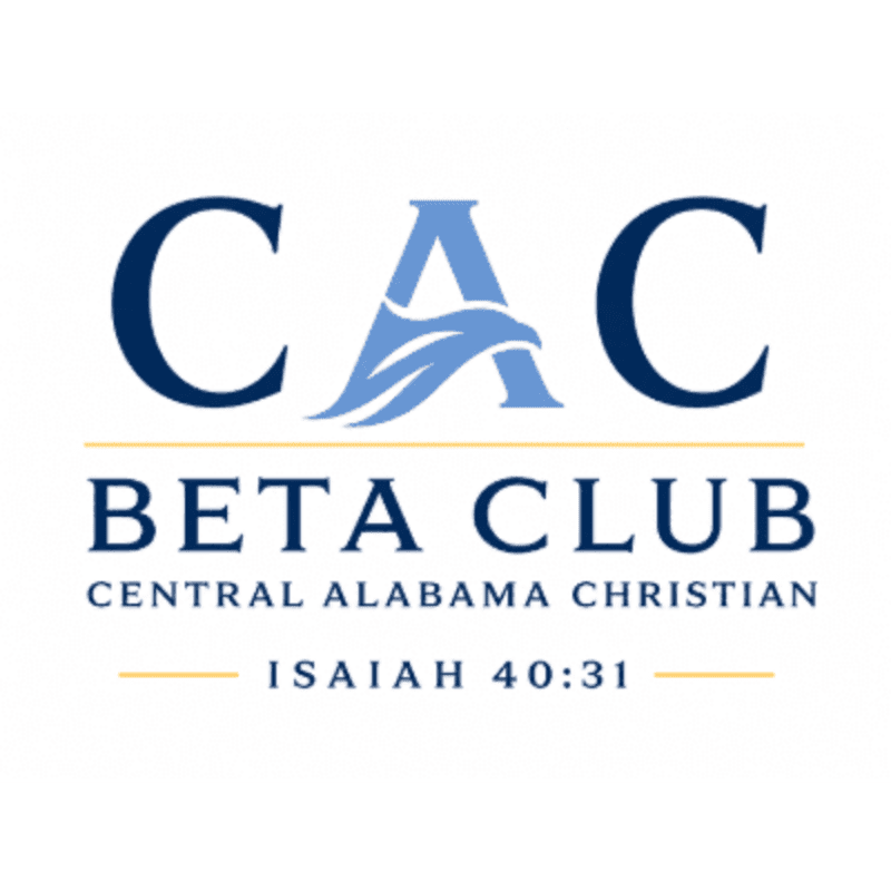 A logo with "CAC BETA CLUB CENTRAL ALABAMA CHRISTIAN ISAIAH 40:31" in dark blue and yellow text against a white background, featuring a stylized eagle in the center of the "CAC" letters.