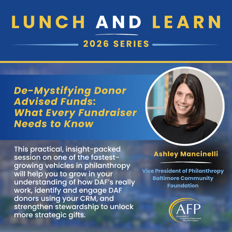 A smiling woman is featured in a circular inset on the right, with text about a "Lunch and Learn" event on donor-advised funds filling the left side of the blue background.