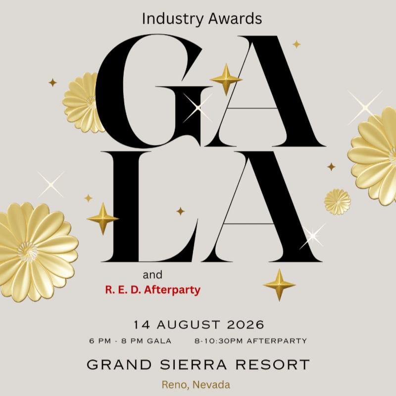 Large black letters spelling "GALA" are centered on a light gray background adorned with golden floral accents and stars, with event details listed below.