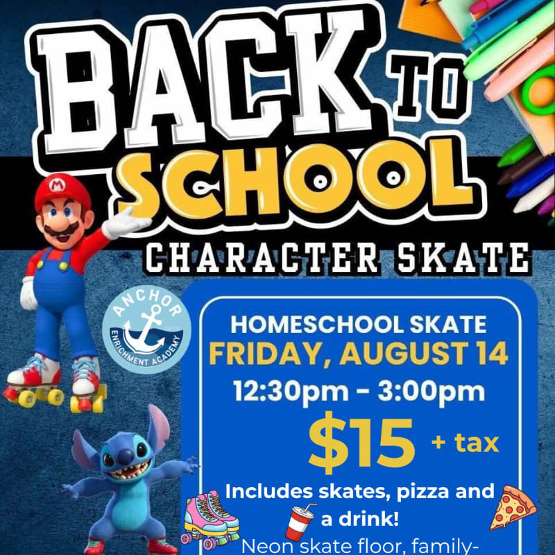 Mario and Stitch are featured on a neon skate floor with school supplies in the background.