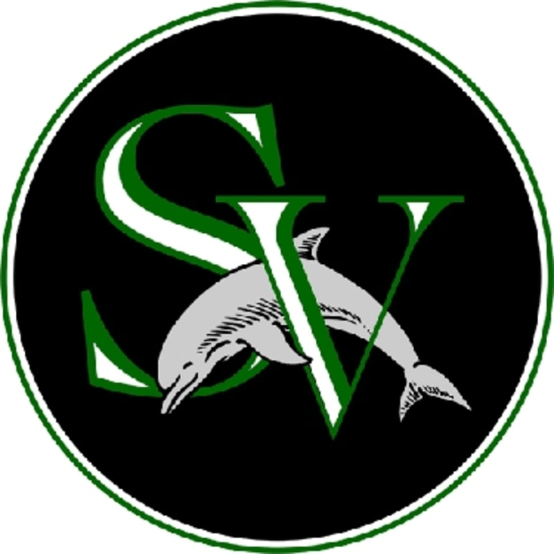 A grey dolphin leaps across the green and white letters "SV" against a black circular background.