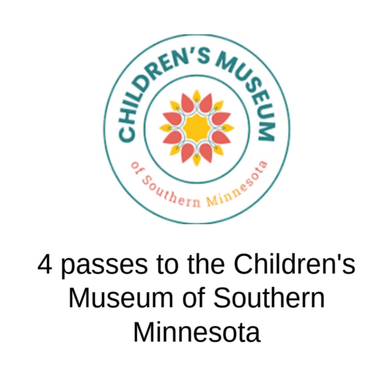 A circular logo for the Children's Museum of Southern Minnesota is displayed above text announcing four passes to the museum.