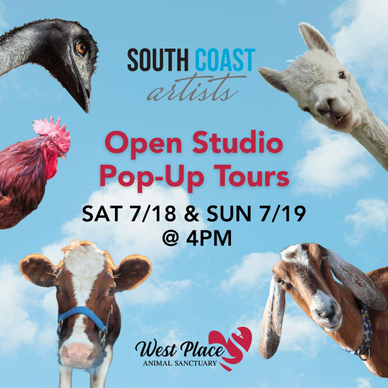 Four farm animals, a chicken, a cow, a goat, and an emu, are pictured against a bright blue sky with fluffy clouds, advertising an open studio pop-up tour.