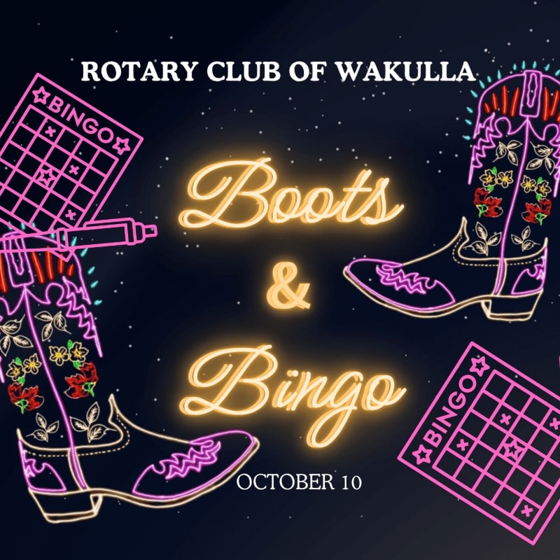 Neon cowboy boots and bingo cards are displayed in the foreground against a dark, starry background with the text "Rotary Club of Wakulla Boots & Bingo October 10" in glowing letters.