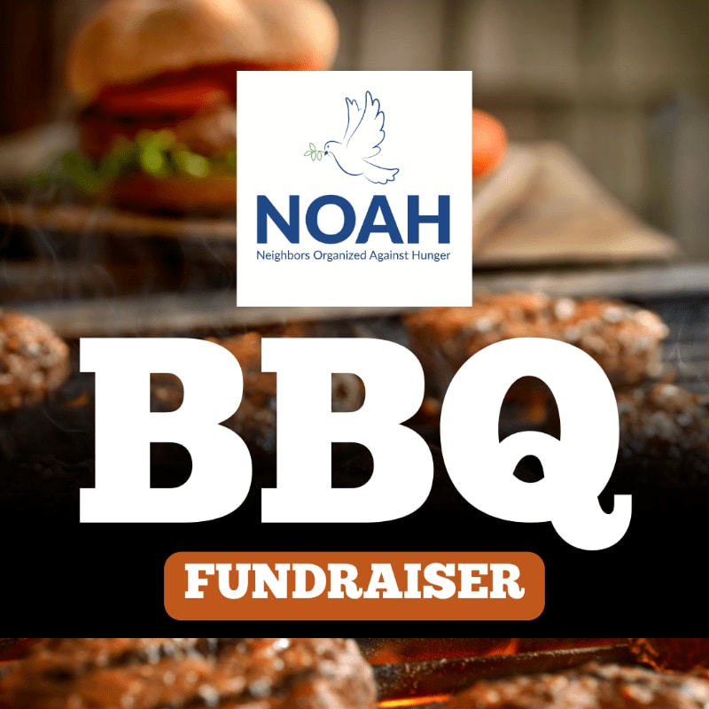 Juicy burgers sizzle on a grill in the foreground, with a NOAH BBQ fundraiser logo and a blurred burger in the background.