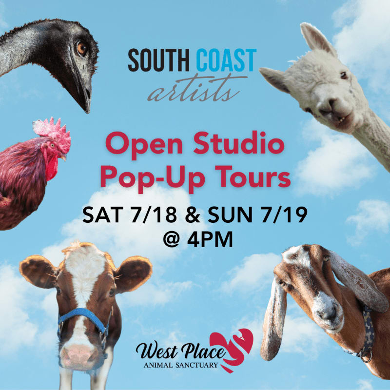Four farm animals, a chicken, a cow, a goat, and an emu, are pictured against a bright blue sky with fluffy clouds, advertising an open studio pop-up tour.