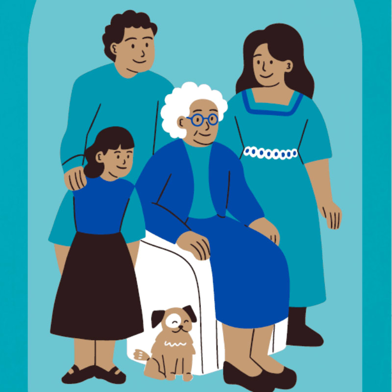 A smiling grandmother sits in a wheelchair with her family and a dog gathered around her, all within a teal frame.