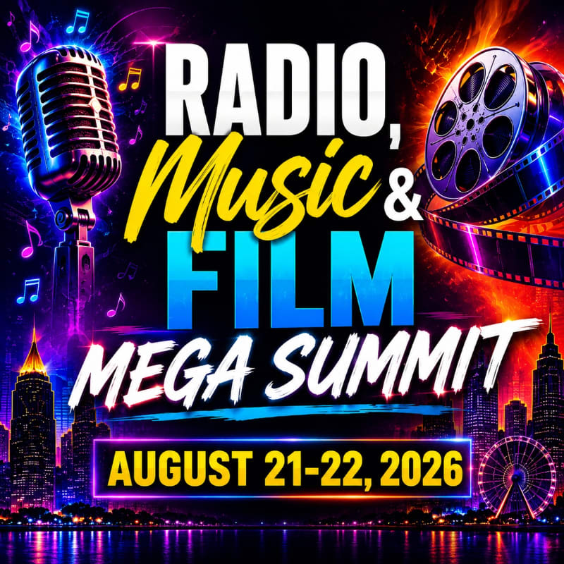 A vintage microphone and film reel are prominently displayed in the foreground against a vibrant cityscape at night, advertising the "Radio, Music & Film Mega Summit" on August 21-22, 2026.