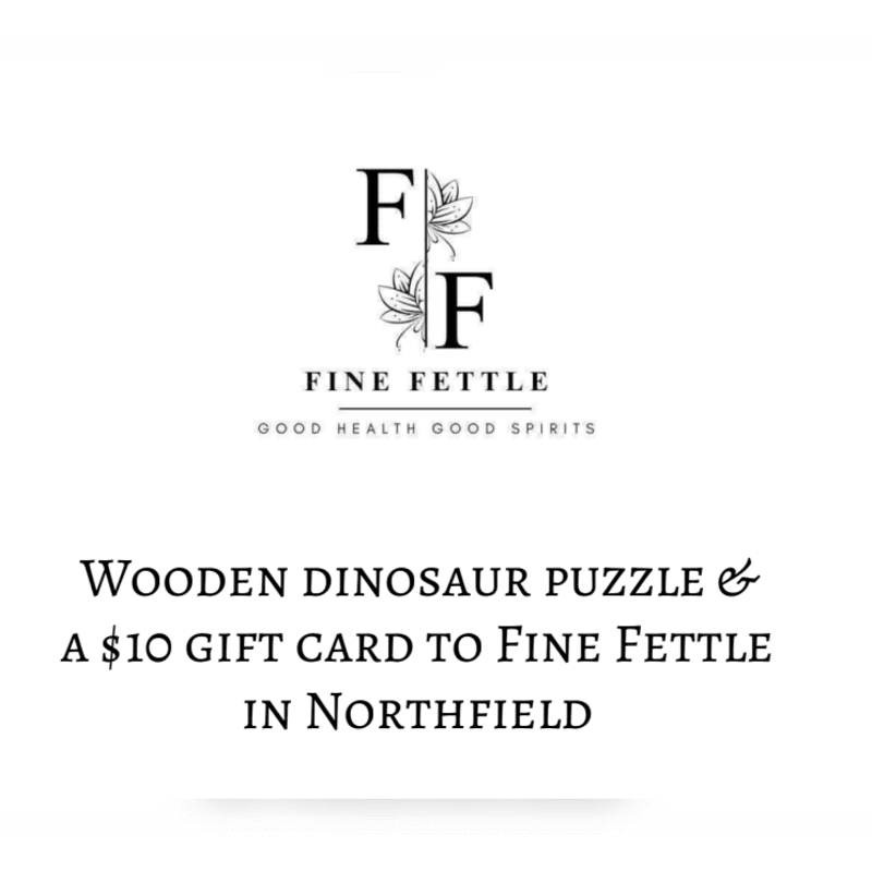 A white background displays a logo for "Fine Fettle" above text advertising a wooden dinosaur puzzle and a $10 gift card to Fine Fettle in Northfield.