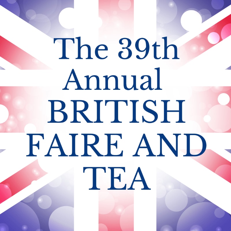 Dark blue text announcing "The 39th Annual BRITISH FAIRE AND TEA" is superimposed over a blurred background of the Union Jack flag with bokeh lights.