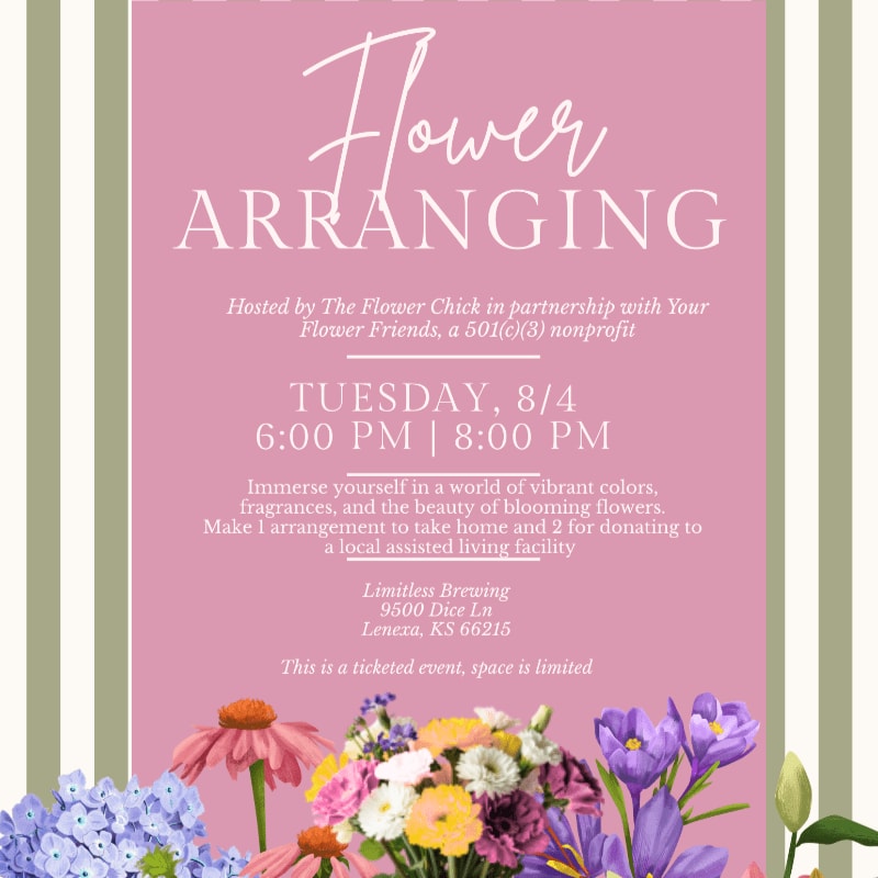 A vibrant floral arrangement fills the foreground, set against a pink background with text announcing a flower arranging event.