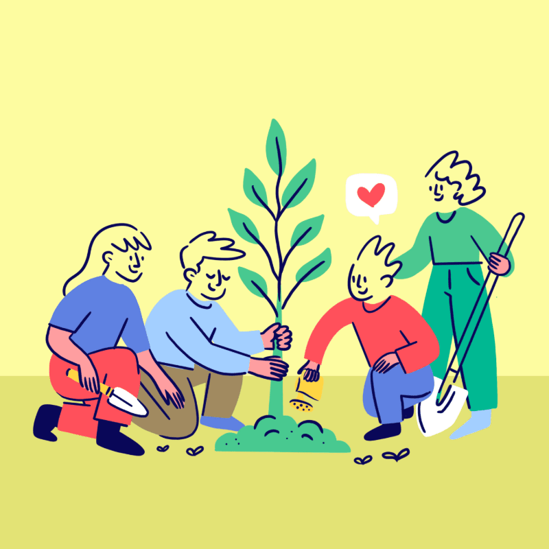 Four people are planting a tree in the foreground, with a yellow background.