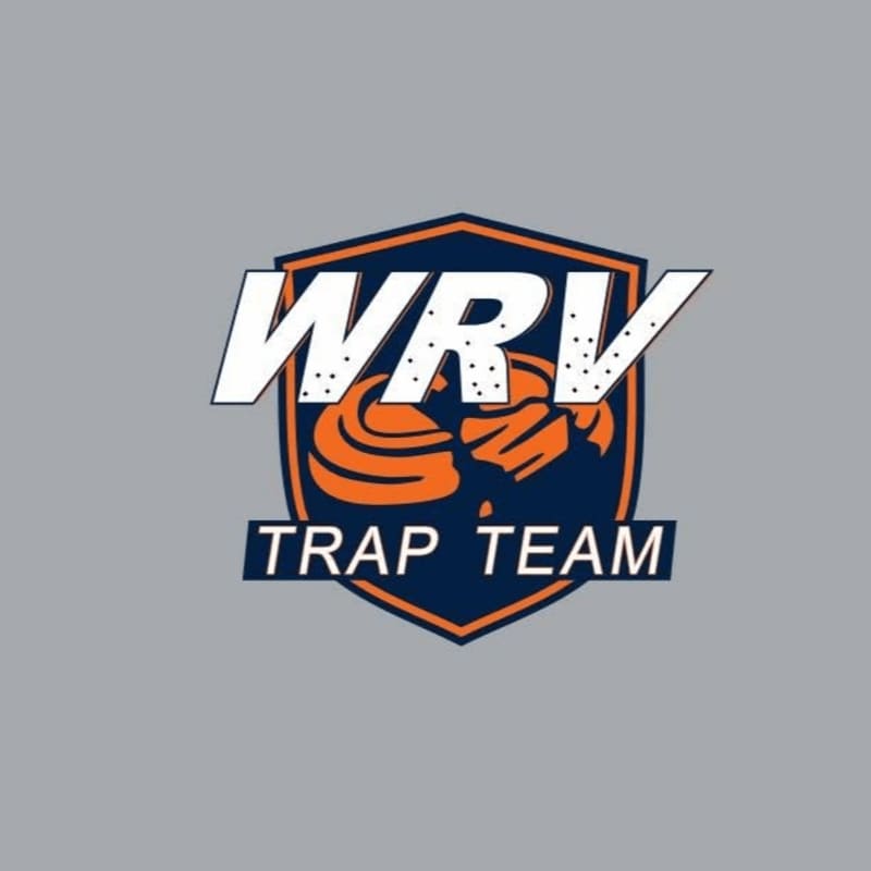 A shield-shaped logo with "WRV TRAP TEAM" in white and orange lettering is centered on a gray background.