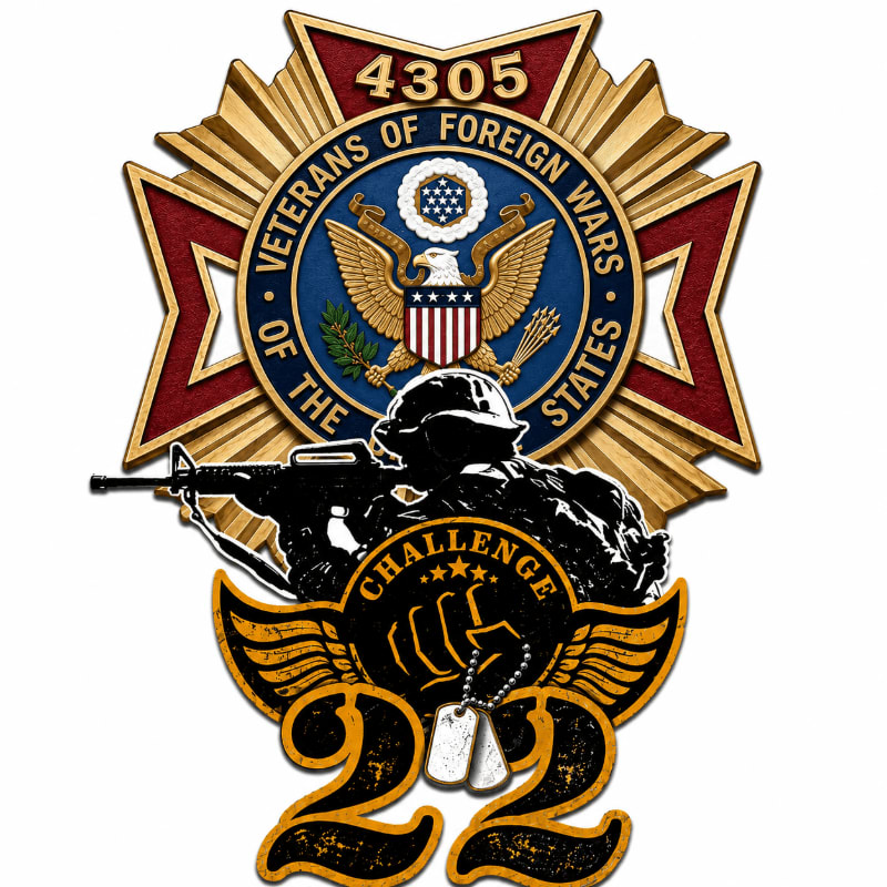A silhouette of a soldier holding a rifle stands in front of a VFW emblem, with "CHALLENGE 22" and dog tags below.