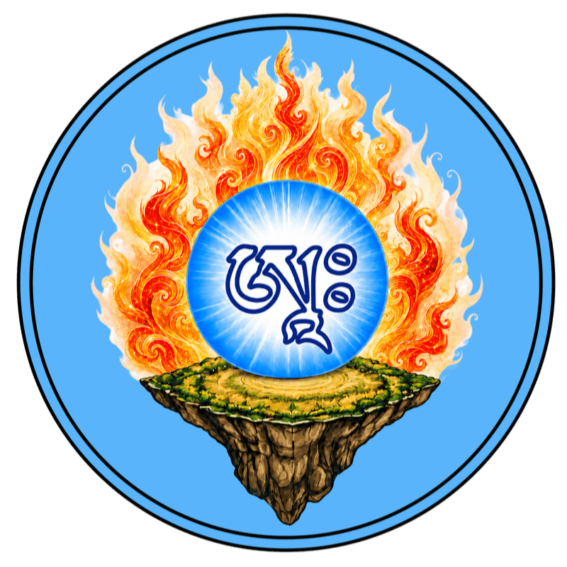 A floating island with a blue, glowing orb containing Tibetan script sits in front of a vibrant orange and yellow flame, all within a light blue circle.