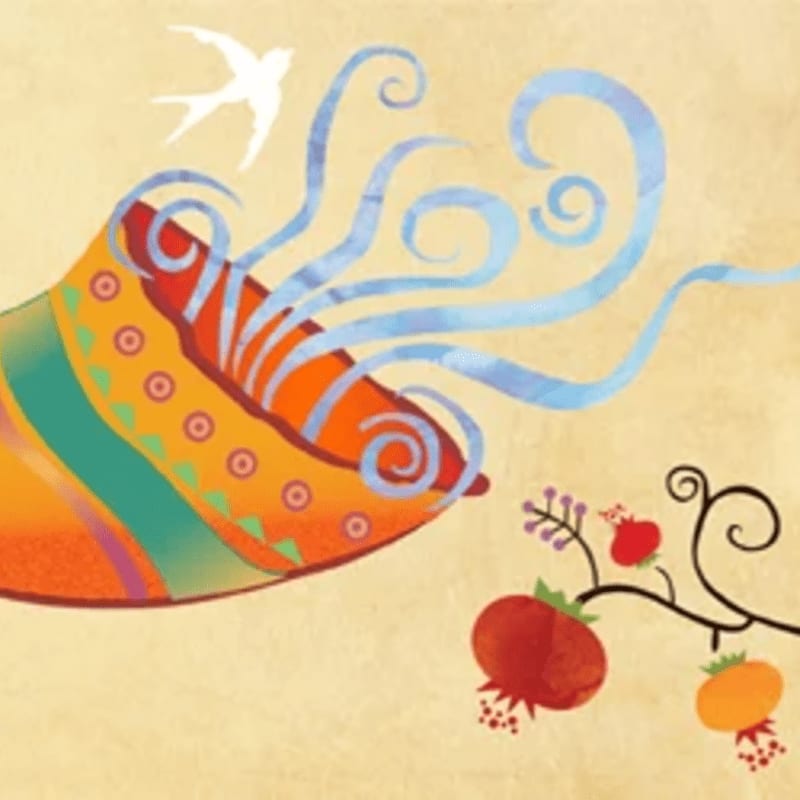 A colorful horn emits swirling blue smoke and a white bird flies above, while a branch with pomegranates rests in the foreground against a textured yellow background.