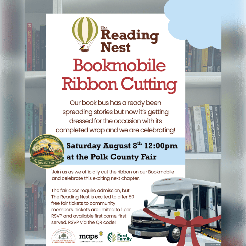 A white bookmobile with a red ribbon is featured in the foreground, set against a background of bookshelves.
