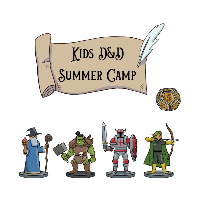 A scroll with "Kids D&D Summer Camp" written on it and a quill pen are in the background, while four fantasy characters and a D20 die are in the foreground.