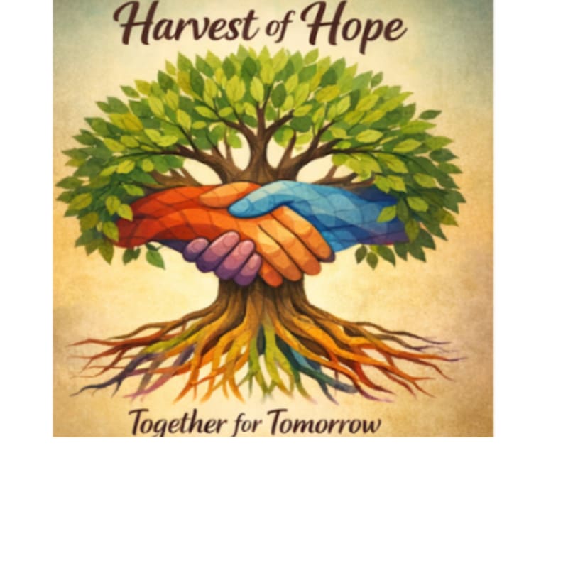 A vibrant tree with colorful roots and lush green leaves forms the foreground, while the background features a warm, textured wash of yellow and orange with the words "Harvest of Hope" and "Together for Tomorrow" at the top and bottom respectively.