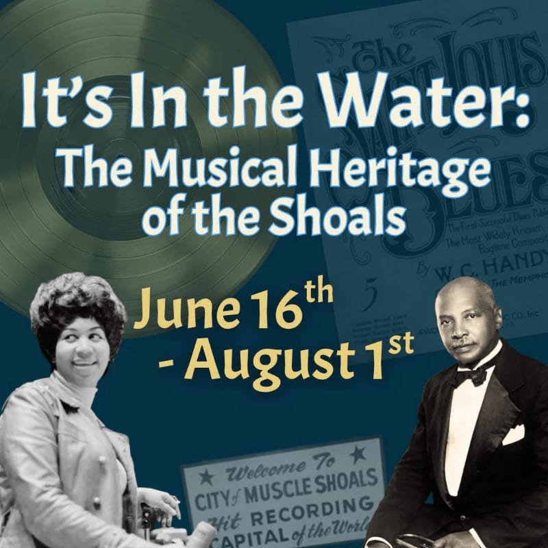 Aretha Franklin and W.C. Handy are featured in the foreground against a background of vintage sheet music and a record.