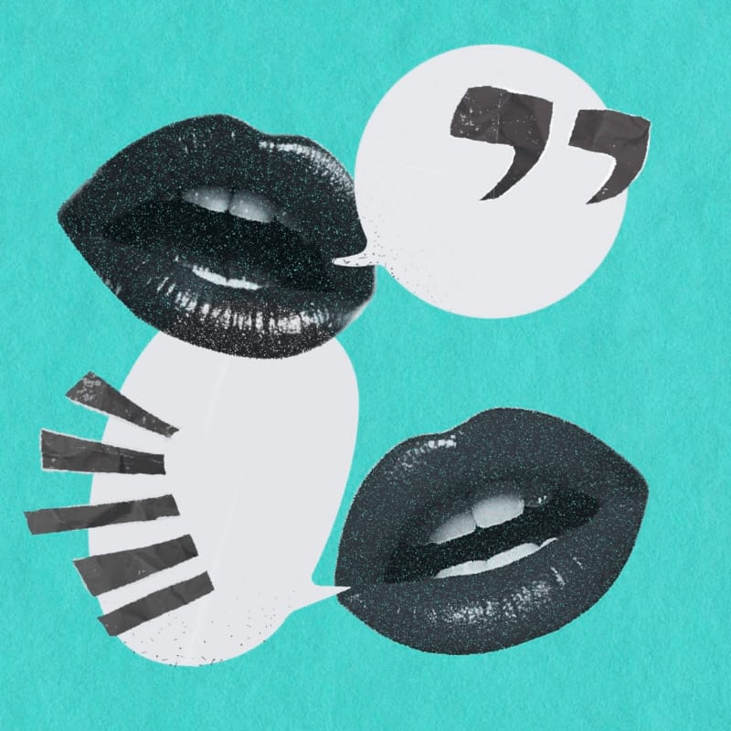 Sparkling black lips are depicted in the foreground, with speech bubbles and abstract shapes against a teal background.