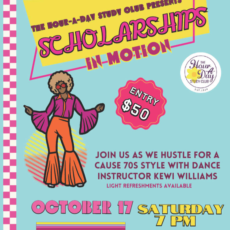 A 70s-themed flyer announces "Scholarships in Motion" with a disco dancer in the foreground and event details on a teal background.