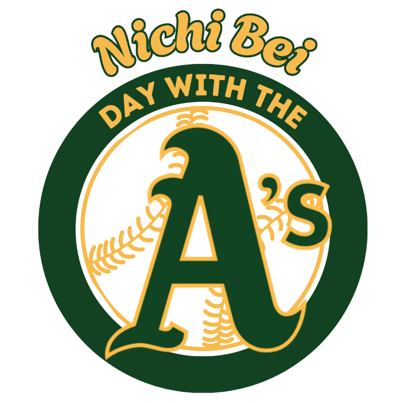 A green and gold Oakland A's logo with "Nichi Bei Day with the A's" text above it is set against a white background with a baseball stitch pattern.