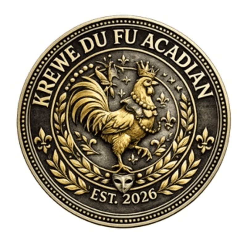 A golden rooster wearing a crown and necklace stands prominently in the foreground, surrounded by a laurel wreath and fleur-de-lis, against a dark, circular background with the text "KREWE DU FU ACADIAN EST. 2026".