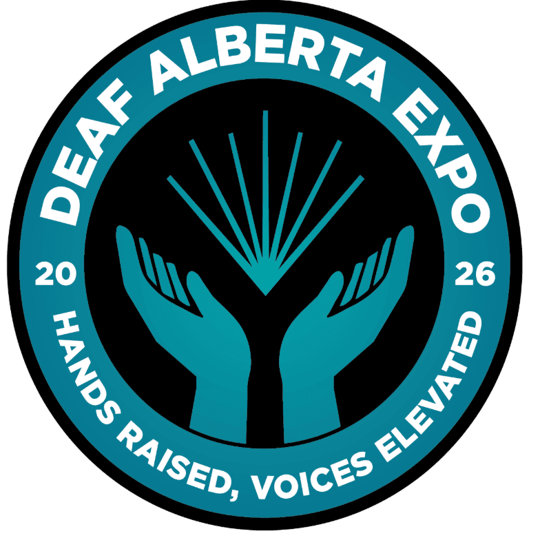 Two teal hands are cupped upwards in the foreground, reaching towards a fan of teal lines against a black background, all enclosed within a circular emblem that reads "DEAF ALBERTA EXPO 2026 HANDS RAISED, VOICES ELEVATED" in teal lettering.