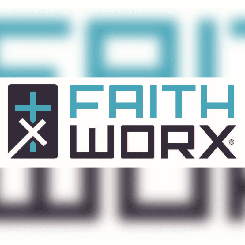 A logo with a stylized cross and "FAITH WORX" in teal and dark blue is centered on a blurred white background with a subtle gradient.