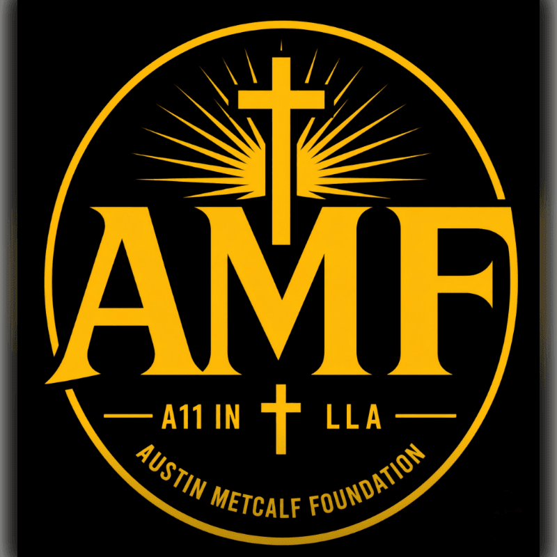 A yellow cross with radiating lines sits above the letters "AMF" within a black circle, with "A11 IN + LLA" and "AUSTIN METCALF FOUNDATION" written below.